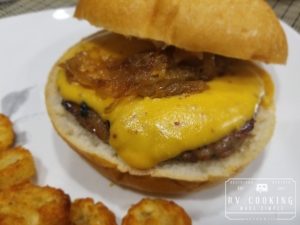 Bratwurst Burgers with Beer Cheese and Beer Braised Onions
